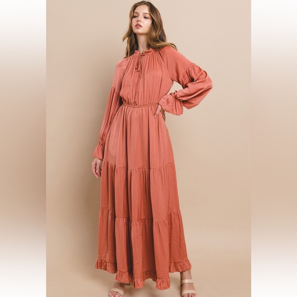 64 Beautiful Washed Satin Tie Front Tiered Maxi Dress - Picture 3 of 7